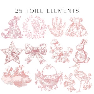 May include: 25 Toile elements in pink and white, including a bunny, a star, a bow, a handprint, a basket, a dress, a flower bouquet, a bird, and a cloud.