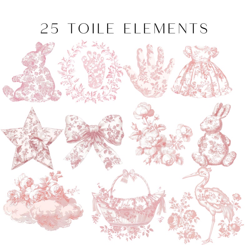May include: 25 Toile elements in pink and white, including a bunny, a star, a bow, a handprint, a basket, a dress, a flower bouquet, a bird, and a cloud.