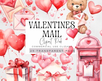 May include: A digital clipart pack with 25 Valentine's Day themed images. The images include a red mailbox, a teddy bear holding a pink envelope, a gift box with a red bow, and a white envelope with a pink bow and pink hearts. The text "VALENTINES MAIL Clipart Pack COMMERCIAL USE CLIPART 25 TRANSPARENT PNGS" is included in the image.