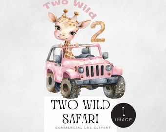 Zwei Wild Safari Png, | EINZELBILD | Baby Giraffe im rosa Auto, 2. Geburtstag Karte oder Invite Mädchen, Dschungel Tiere, Zoo Tiere Clipart