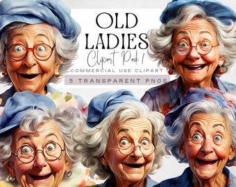 Old Lady Clipart, Funny Ladies Graphics, Watercolor Old Woman Illustrations, Grandparents Day png, Commercial Licence, Family Clipart