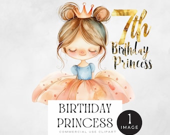 7th Birthday Princess Png | SINGLE IMAGE | Happy Seventh Birthday Clipart, 7th Party Girl Clipart for Invitations, Commercial Licence