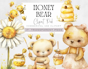 Honey Bear Watercolor Digital Clipart, Bee and Honeypot Clip Art, Paper Craft, Nursery Decor, Yellow Bear Character, Beehive and Daisy png