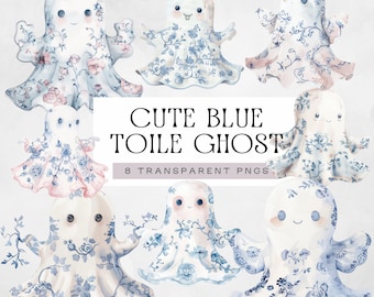 Imágenes prediseñadas de fantasmas coquetas, lindos fantasmas de baño azules, imágenes prediseñadas espeluznantes, gráficos de decoración de Halloween en colores pastel, chinoiserie floral, pngs de baby shower