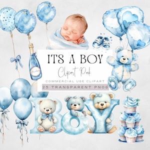 Boy Babyshower Clipart, Baby Shower Clip Art, Gráficos de guardería para recién nacidos azules, Revelación de género en acuarela, Baby Swaddle png, Teddy & Balloons
