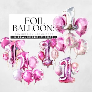 Anzahl Ballon Clipart, Rosa Mädchen 1. Geburtstag Luftballons Clip Art, Folie Nummer 1 png, One Year Old Party Grafiken, Karten und Einladungen