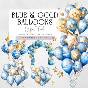 Blue and Gold Balloons Clipart, Party Balloon Clip Art, Birthday pngs, Boys Baby Shower illustrations, Wedding Celebrations Graphics,