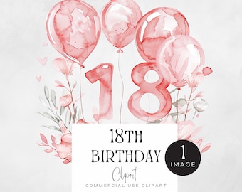 Happy 18th Birthday Png | SINGLE IMAGE | Pink Birthday Girl Clipart, Finally Eighteen Years Old Graphics, Watercolor Balloons and Flowers,