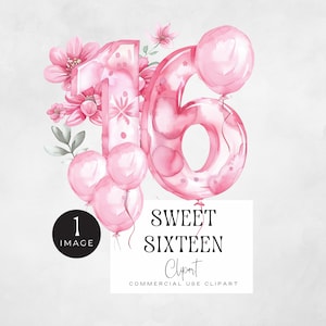 Sweet Sixteen Birthday Girl png | EINZELBILD | Sweet 16 Queen Grafiken, rosa Aquarell sechzehnte Geburtstags-Ära Grafiken, 16.Party