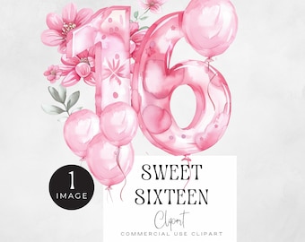 Sweet Sixteen Birthday Girl png | SINGLE IMAGE | Sweet 16 Queen Graphics, Pink Watercolor Sixteenth Birthday Era Graphics, 16th Party
