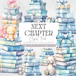 Boek plank clipart, nieuw hoofdstuk babyshower, blauwe verhalenboek illustraties, uitnodiging jongen, stapel verhaal boek thema graphics, commercieel gebruik