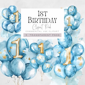 Nummer Ballon Clipart, 1. Geburtstag Luftballons Junge Bild, erste Party Einladung Grafiken, ein Jahr alt, mein erster Geburtstag png