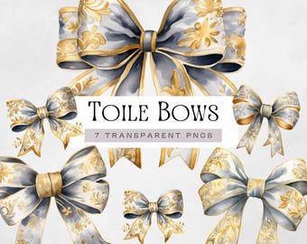 Toile Christmas Bows Clipart, Watercolor Coquette Ribbon Clipart Neutral, Gold, Silver, and Grey, Festive & Seasonal Holiday Decor Graphics,