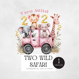 Two Wild Safari png, | ENKELE AFBEELDING | Babydierentuindieren in roze auto, 2e verjaardagskaart of uitnodiging voor meisje, jungledier, olifantgiraf