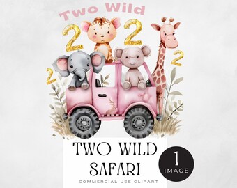 Zwei Wild Safari Png, | EINZELBILD | Baby Zootiere in rosa Auto, 2. Geburtstag Karte oder Invite Mädchen, Dschungeltier, Giraffe Elefant