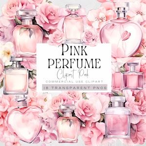 Clipart di bottiglia di profumo rosa, clipart di bottiglie di acquerello floreale, arte della parete, grafica di moda, illustrazioni di bellezza, vintage, uso commerciale,