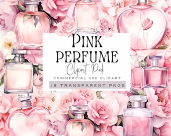 Klipart - Różowa Butelka Perfum, Klipart - Kwiatowe Butelki Akwarelowe, Sztuka Ścienna, Grafika Modowa, Ilustracje Urody, Zabytkowe, Wykorzystanie Komercyjne,