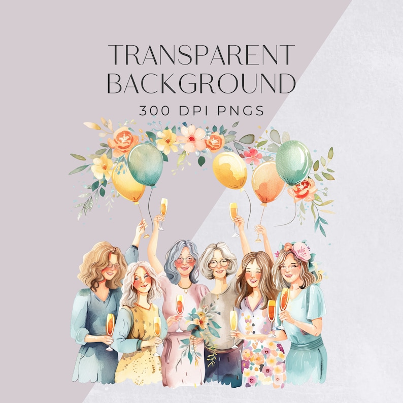 May include: A group of six women with colorful floral wreaths and balloons celebrating with champagne. The women are wearing dresses and have their arms raised in the air. The background is a light gray with a white gradient.