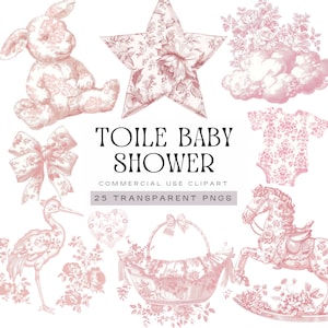 Clipart baby shower toile, chinoiseries rose poudré Pngs, aquarelle bébé sur le graphique chemin, chambre de bébé florale Français toile de Jouy Clip Art