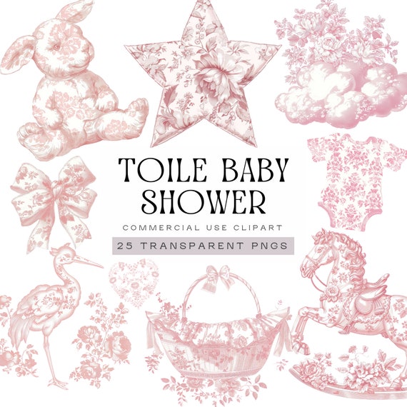 Toile Baby Shower Clipart, Dusty Pink Chinoiserie Pngs, Watercolor Baby on the Way Graphics,  French Floral Nursery Toile De Jouy Clip Art