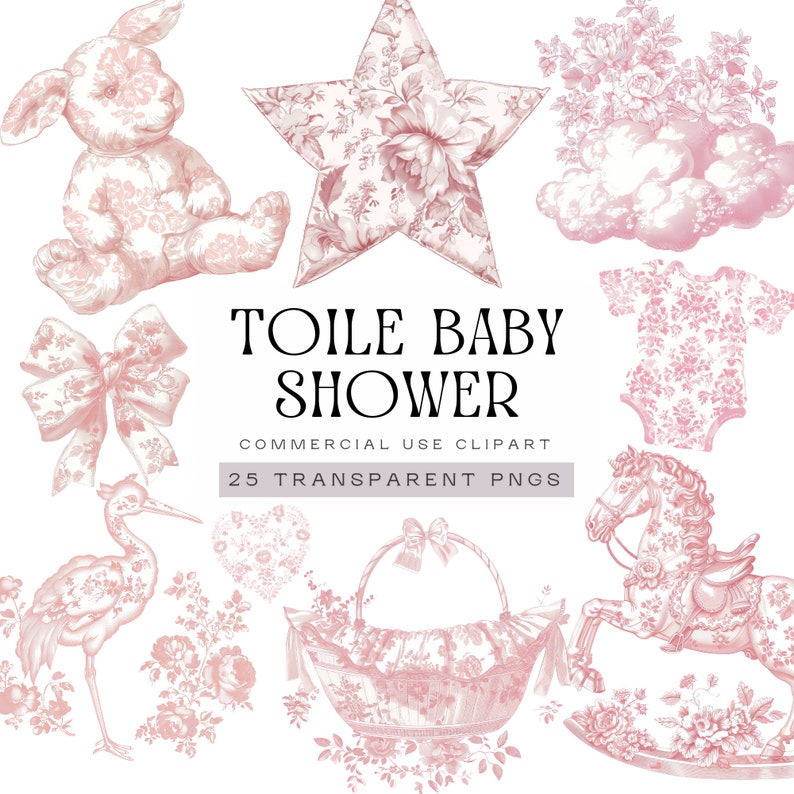 May include: A set of 25 pink and white toile baby shower clipart images. The images include a bunny, a star, a cloud, a onesie, a bow, a stork, a heart, a basket, a rocking horse, and floral elements. The text "Toile Baby Shower" and "25 Transparent PNGs" is included in the image.