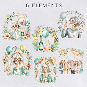 May include: Six watercolor illustrations featuring a woman with gray hair and glasses celebrating with champagne and balloons. The illustrations are set against a light gray background with the text "6 ELEMENTS" at the top.