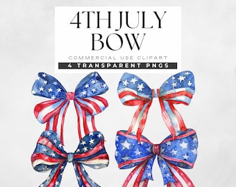 4th of July Coquette Bow Clipart, Patriotic Bow Png, American Independence Day Celebration Graphics, Watercolor USA Illustrations,
