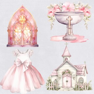 May include: A watercolor illustration set featuring a pink and white church, a pink and white dress, a pink and white baptismal font with flowers, and a stained glass window.