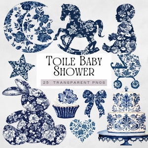 Toile De Jouy Baby Shower Clipart, French Navy Blue Floral Clip Art, Chinoiserie Bear Pngs, Vintage Watercolor Baby on the Way Graphics,