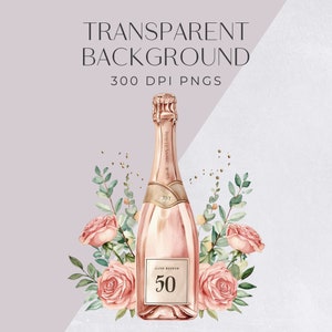 May include: A watercolor illustration of a pink champagne bottle with gold accents and a label that says "Gane Remier 50". The bottle is surrounded by pink roses and green leaves.