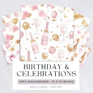 Champagner Digitales Papier, Feiern & Luftballons, nahtlose Muster, rosa Aquarell Geburtstagsgeschenk Hintergrund, druckbares Scrapbookpapier