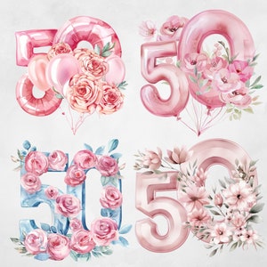 May include: Four watercolor illustrations of the number 50. Two are pink balloon-style numbers with floral arrangements and balloons. One is a blue number 50 with pink roses. The last is a pink number 50 with flowers.