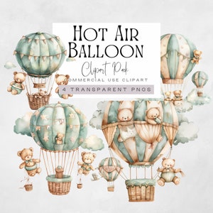 Clipart ours et montgolfière, graphismes nounours vintage vert sauge, nounours aquarelle en ballons png, images baby shower, voyage, chambre d'enfant