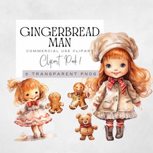 Druckbare Lebkuchen Mann Clipart, süße Weihnachten Clip Art, Aquarell Urlaub Clipart, süßes kleines Mädchen mit Teddy, Keks, kommerzielle Nutzung