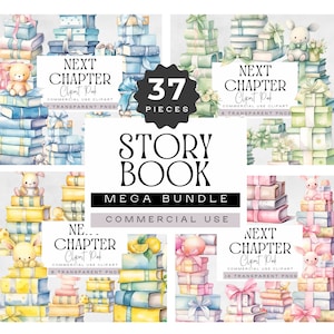 Storybook Baby Shower Clipart BUNDLE, Neues Kapitel Grafiken, Junge und Mädchen, Sage Grün, Pink, Blau, Gelb, Stapel von Geschichtenbüchern, Kinderzimmer png