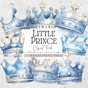 Der kleine Prinz Clipart, Clip Art König und Königin Kronen, Blauer Junge Aquarell Babyparty, Märchen Grafiken, Kinderzimmer png, Kommerzielle Nutzung