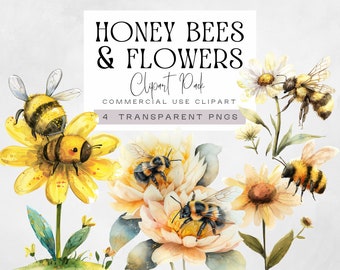 Watercolor Honey Bee Clipart Spring Garden Bee, Clipart For Gardeners, Bumble Bee Png, Summer Insect Clip Art, Florals,  Commerical Use,
