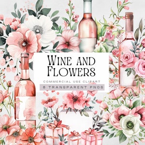 Clipart aquarelle fête des mères, bouteille de champagne et clipart fleurs, prosecco et fleurs png, vin, célébrations d'anniversaire, mariage