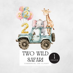 Two Wild Safari png, | ENKELE AFBEELDING | Babydierentuindieren in groene auto, 2e verjaardagskaart of uitnodiging voor meisje, jungledier, olifantgiraf