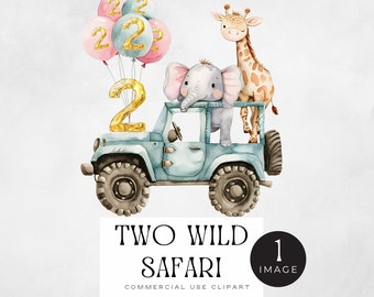 Zwei Wild Safari Png, | EINZELBILD | Baby Zootiere im grünen Auto, 2. Geburtstag Karte oder Invite Mädchen, Dschungeltier, Giraffe Elefant