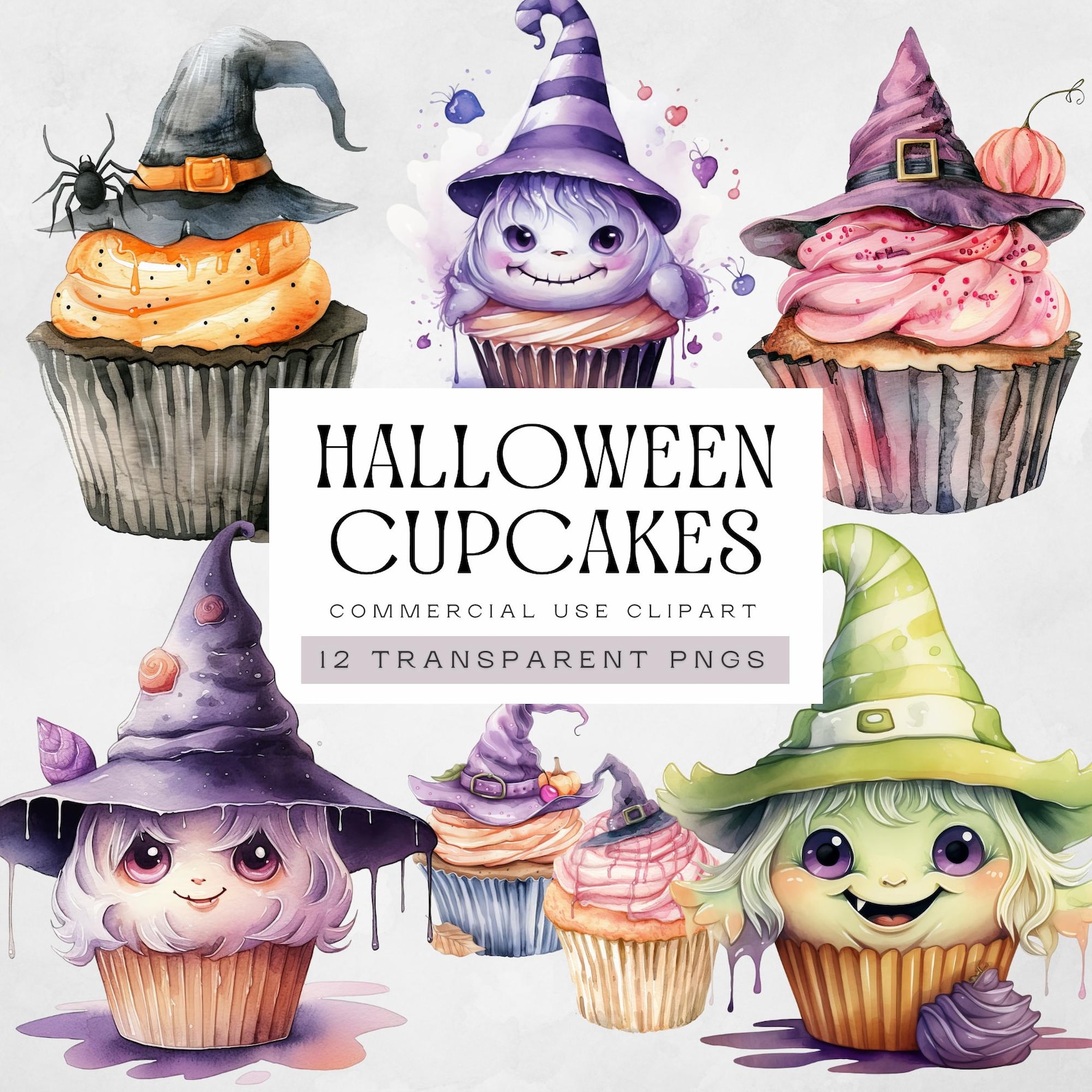 Halloween Cupcakes Clipart, Watercolor Witch Trick or Treats Clip Art ...