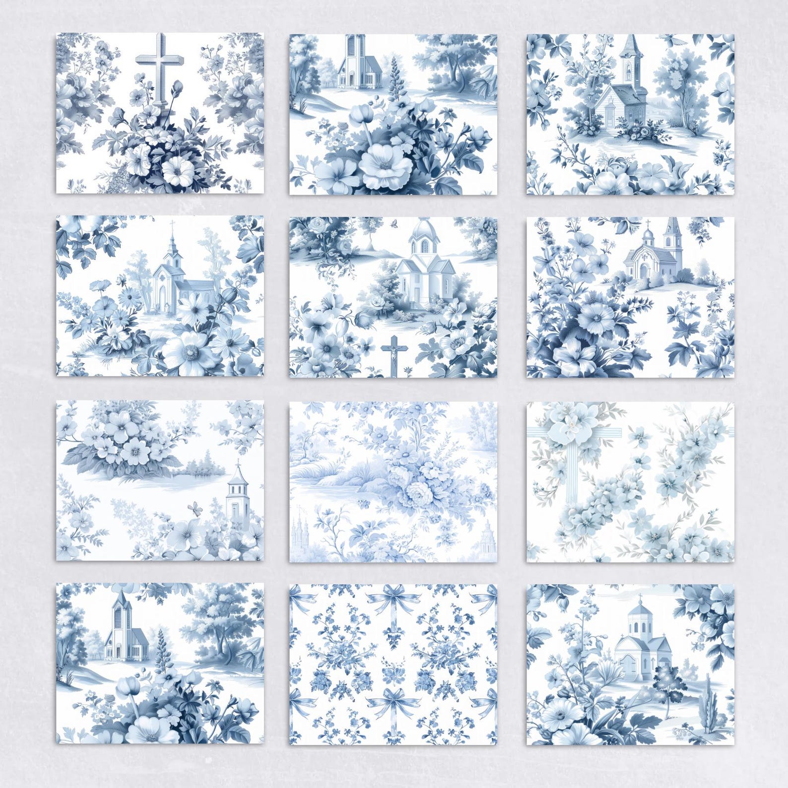 French Blue Floral Toile De Jouy Digital Paper, Chinoiserie Backgrounds ...