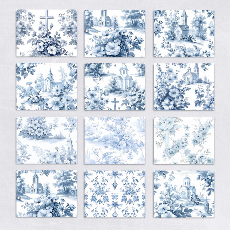 French Blue Floral Toile De Jouy Digital Paper, Chinoiserie Backgrounds ...
