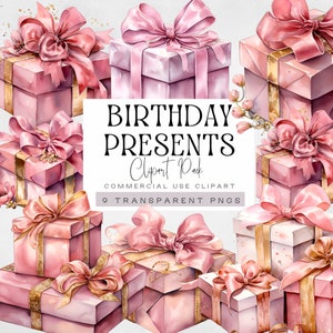 Imágenes prediseñadas de regalo de cumpleaños, caja de regalo rosa y dorada, fiesta de acuarela png, regalos del día de las madres, tarjetas de felicitación, temporada navideña, comercial