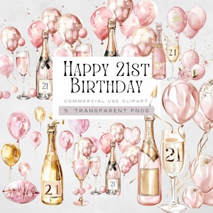 Images d'invitation 21e anniversaire pour une fille, rose et or, verre et bouteille de champagne, 21 ans et fabuleux