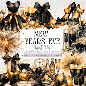 Clipart noir et or nouvel an, clipart Happy New Year 2024, Graphismes de fête de célébration 2024, illustrations de feux d'artifice, fête de la Saint-Sylvestre
