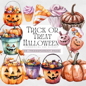 Watercolor Halloween Bucket Png, Cute Jack-O-Lantern Candy Buckets, Trick or Treat Sweets Clipart, Pumpkin & Graphics, Fall and Autumn Decor
