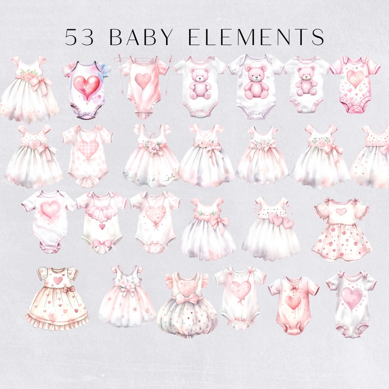 Baby Girl Clothes Clipart, Pink Baby Shower Clip Art, Watercolor ...