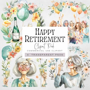 Png di pensione per donne, clipart di pensione ufficiale felice, immagine dell'insegnante leggenda, infermiera, champagne e fiori, carte pensione e regali,