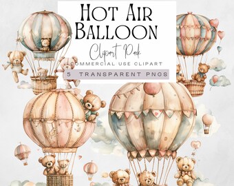 Hot Air Balloon Teddy Clipart, Neutral Vintage Watercolor Teddies Graphics, Boy or Girl Baby Shower, Travel Bears png, Nursery Illustrations